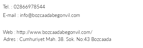 Bozcaada Begonvil Otel telefon numaralar, faks, e-mail, posta adresi ve iletiim bilgileri